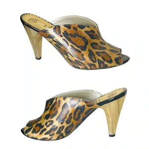 J RENEE | Mindi Leopard Print Open Toe Gold Toned Slip-On Heels Size 7W (NWOB)